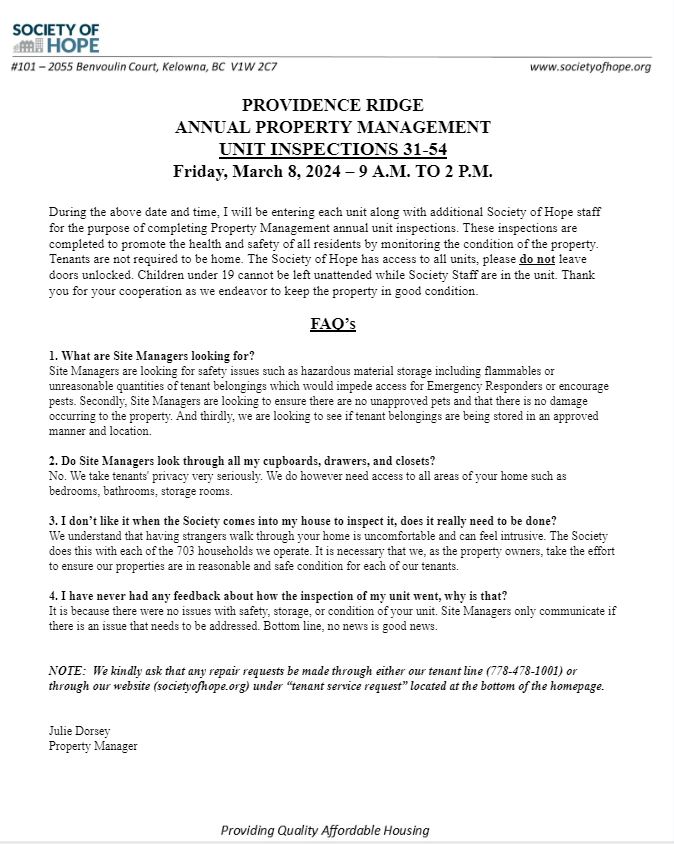 Providence Ridge Property Management Unit Inspections 31-54 - Society ...